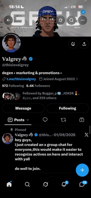 A Twitter/X profile for user Valgrey (@thisisvalgrey) is shown on a mobile device, with the display name, handle, and a pinned post from 01/09/2026 announcing a new X group chat for actives.