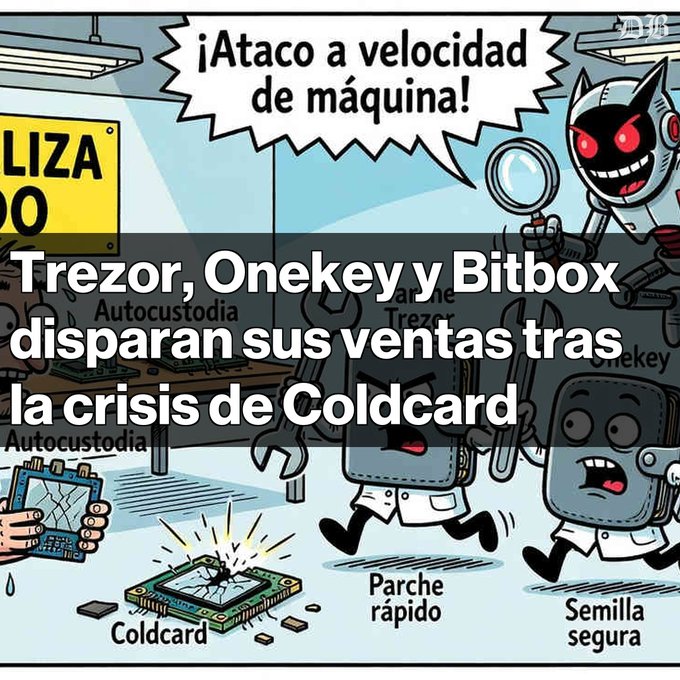 A cartoon illustration shows a menacing robot with red eyes declaring "¡Ataco a velocidad de máquina!" (I attack at machine speed!) while wielding a magnifying glass over a broken circuit board labeled "Coldcard," as panicked characters labeled "Parche rápido" (Quick patch) and "Semilla segura" (Secure seed) flee nearby. A banner overlay reads "Trezor, Onekey y Bitbox disparan sus ventas tras la crisis de Coldcard," visually representing the post's theme of competing hardware wallets capitalizing on Coldcard's security vulnerabilities.