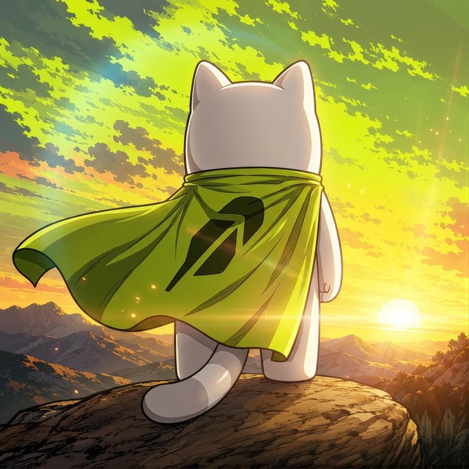 A cartoon cat wearing a green cape with the NVIDIA logo, standing on a rock overlooking a sunset landscape.