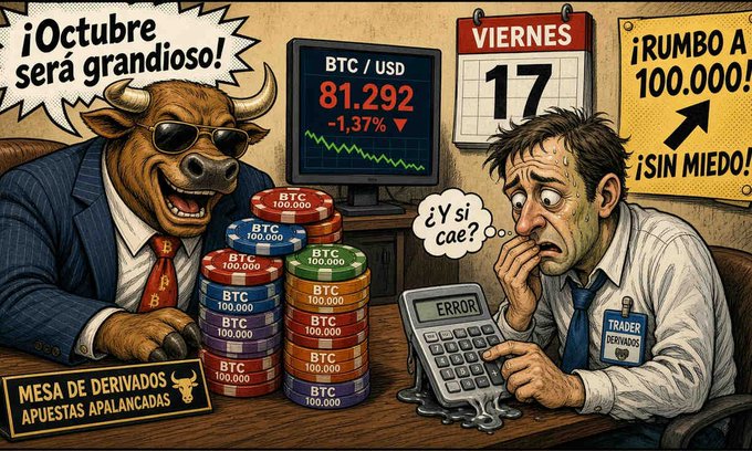 A satirical cartoon depicting a bullish figure in a suit with sunglasses next to stacks of Bitcoin chips, while a nervous-looking trader calculates on a calculator showing 'ERROR', with text in Spanish including '¡Octubre será grandioso!' and 'BTC/USD 81.292 -1.37%'.