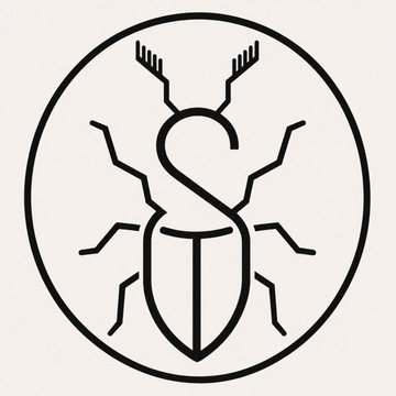 A minimalist black and white line drawing features a beetle inside a circle, styled like a corporate or technology logo.