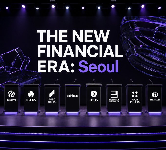 A promotional graphic for 'THE NEW FINANCIAL ERA: Seoul' event featuring podiums with logos of sponsors including Injective, LG CNS, SMBC Nikko, Coinbase, BitGo, Blockchain Association, Four Pillars, and BDACS.