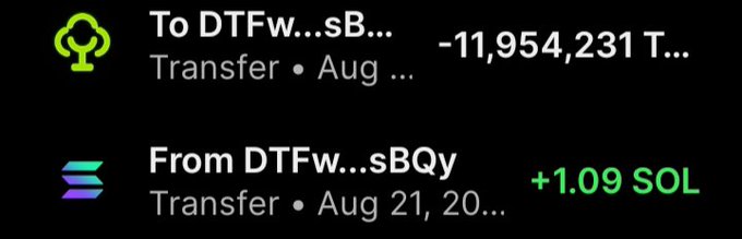 A crypto transaction history showing a transfer of -11,954,231 T... and an incoming transfer of +1.09 SOL from an address beginning with 'DTFw'.