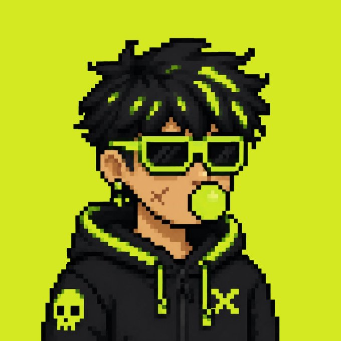 A pixel art character with dark dreadlocks, neon green sunglasses, and a black hoodie featuring a green skull logo blows a green bubblegum bubble against a bright yellow background. The vibrant, edgy aesthetic aligns with the "Rogues Hood" NFT collection theme, conveying a rebellious, crypto-native vibe suited to the Robinhood community announcement.