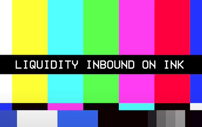 A retro TV test pattern with color bars displays the text 'LIQUIDITY INBOUND ON INK' across a black horizontal banner.