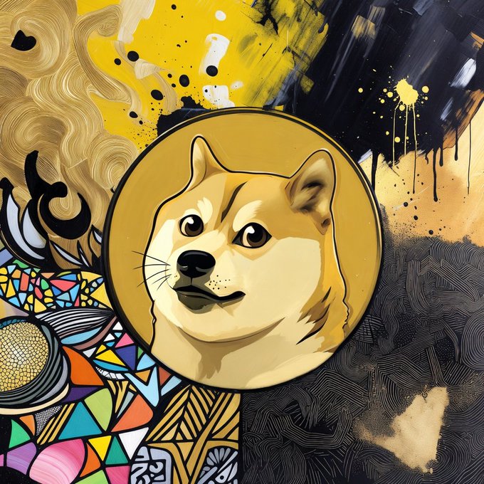 A vibrant pop-art style digital illustration featuring a Shiba Inu dog in a central gold coin medallion, surrounded by colorful abstract patterns, geometric shapes, and splashes of yellow, black, and multicolored designs.