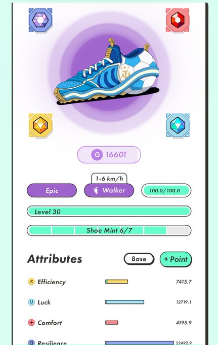 A mobile game screen displaying blue and white soccer cleats with gold accents, stats showing G 16601, Epic rarity, Walker type, speed 1-6 km/h, Level 30, and attributes for Efficiency, Luck, Comfort, and Resilience.