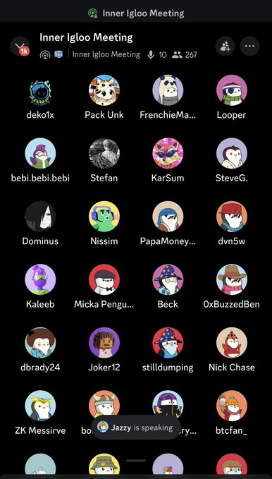 A screenshot of a Discord voice channel called "Inner Igloo Meeting" with 267 members and 10 currently active, featuring usernames like deko1x, Pack Unk, FrenchieMa..., Dominus, and dbrady24, illustrating the speaker's active participation and large social network within the community's voice huddle.