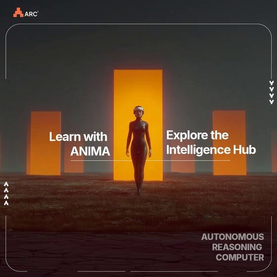 "Autonomous Reasoning Computer" is a post about learning with ANIMA (Artificial Intelligence). The image shows an AI agent walking through a field of orange squares, which are part of a larger scene that includes text promoting the use of ANIMA for learning and exploring intelligence hubs.
