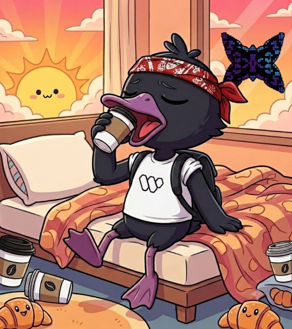 A cartoon illustration of a black duck character wearing a red bandana and white shirt, drinking coffee on a bed with pastries and coffee cups scattered around.