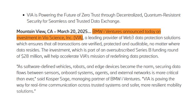 A news excerpt dated March 20, 2025, about BMW i Ventures announcing an investment in Via Science, Inc. (VIA), a Web3 data protection provider, as part of a $28 million oversubscribed Series B funding round.