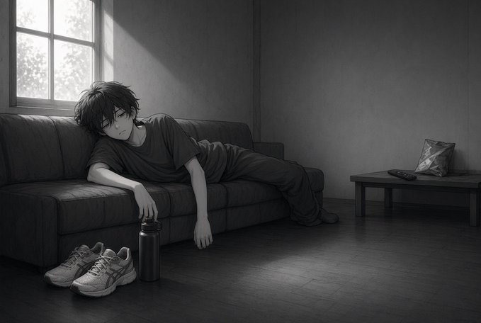 A tired young man slumps on a couch beside a water bottle and sneakers, with a snack bag and remote resting across the room on a coffee table—visually reinforcing that the healthier choices are within easy reach while the less healthy ones require effort to grab.