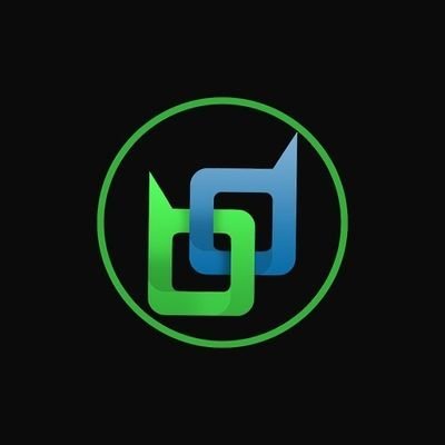 A logo on a black background features two interlocking chain links, one green and one blue, enclosed within a green circular outline.