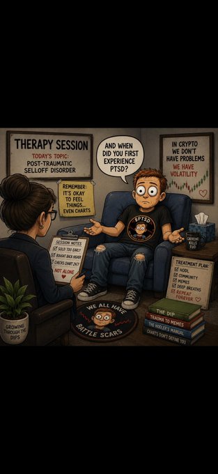 A cartoon illustration depicting a crypto therapy session, showing a distressed man on a couch being asked by his therapist 'And when did you first experience PTSD?', with various humorous signs about crypto market volatility surrounding them.