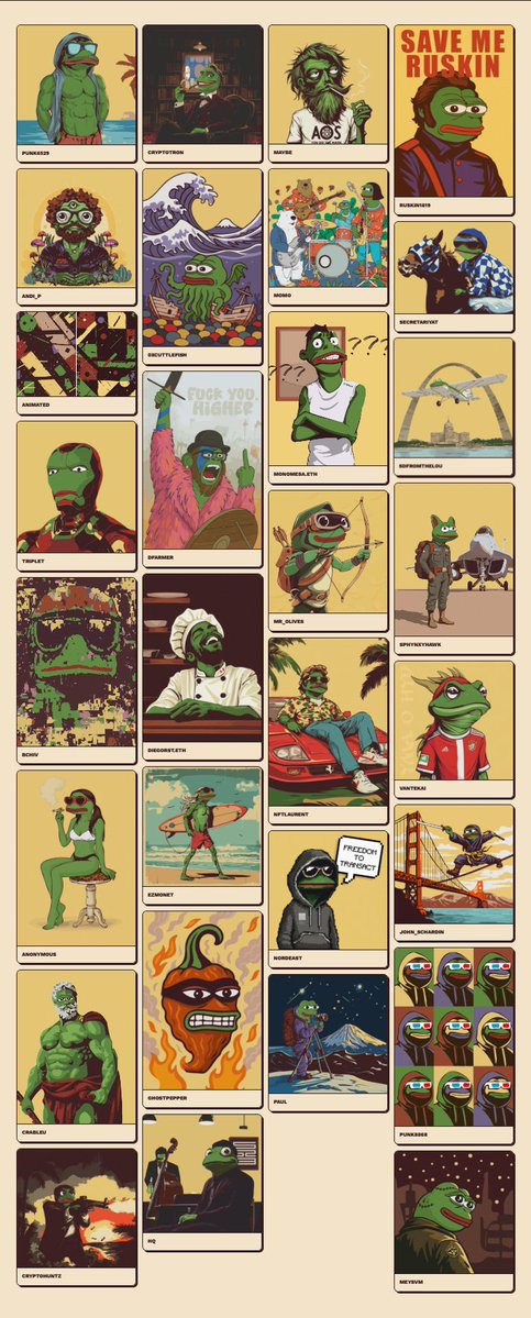 A grid of illustrated character portraits featuring various green frog-like and ape-like characters in different scenes, including one labeled 'SAVE ME RUSKIN'.