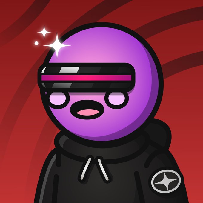 A cartoon illustration of a purple character wearing a black hoodie and a futuristic pink-and-black visor, set against a red swirled background.