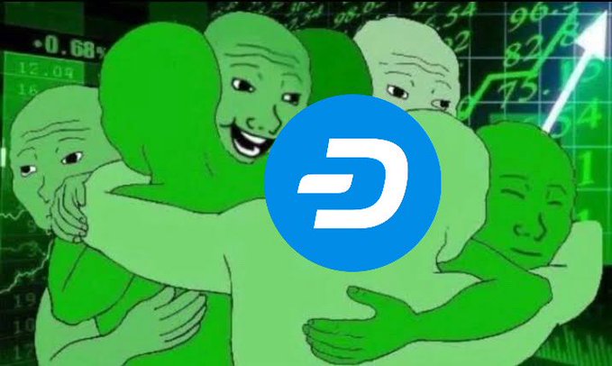 The blue Dash cryptocurrency logo overlaid on a meme image of green Wojak characters hugging each other, set against a background of a rising stock chart.