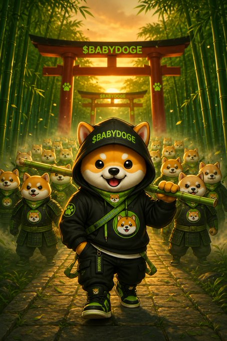 An anime-style Shiba Inu dog in a black hoodie branded '$BABYDOGE' holds a bamboo staff, standing before a Japanese torii gate while a crowd of similar dogs in samurai armor fills a bamboo forest behind.