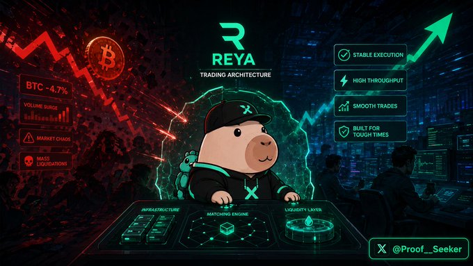 A promotional graphic for REYA Trading Architecture featuring a cartoon capybara character, highlighting features like 'STABLE EXECUTION,' 'HIGH THROUGHPUT,' 'SMOOTH TRADES,' and 'BUILT FOR TOUGH TIMES,' with a BTC -4.7% indicator and X handle @Proof_Seeker.