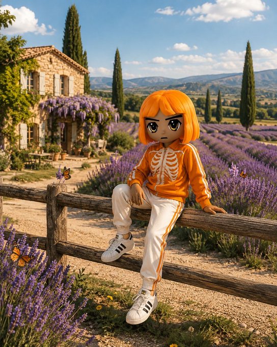 A stylized figure with bright orange hair, wearing an orange hoodie with a skeleton ribcage design and white pants, sitting on a wooden fence in a Provence-style landscape with a stone house, lavender fields, cypress trees, and a butterfly.
