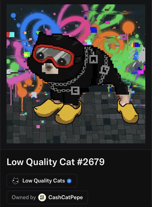 A pixel art NFT displaying a cat wearing red ski goggles, a black hoodie with chain, and yellow boots against a graffiti background, titled 'Low Quality Cat #2679' owned by 'CashCatPepe' in the 'Low Quality Cats' collection.