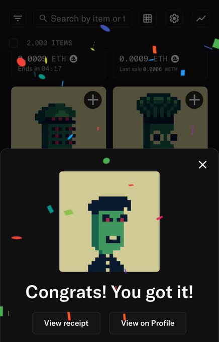 A mobile app screen showing a successful NFT purchase with "Congrats! You got it!" displayed below a pixel art character with green skin and red eyes, with buttons for "View receipt" and "View on Profile".