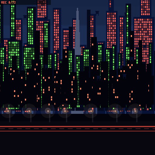 The image shows a cityscape rendered in a pixel art style, featuring tall buildings with neon lights against a dark blue sky. The city appears to be a digital representation of an urban environment, possibly from a video game or animation project. The caption below the image provides information about the creator and the source of the artwork.
