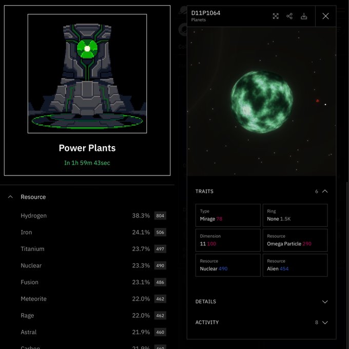 A screenshot from what appears to be a space or mining game showing a 'Power Plants' building with a countdown 'In 1h 59m 43sec', a resource list (Hydrogen, Iron, Titanium, Nuclear, Fusion, Meteorite, Rage, Astral, Carbon), and a green planet labeled 'D11P1064' with traits including Mirage 78 and Resource stats.
