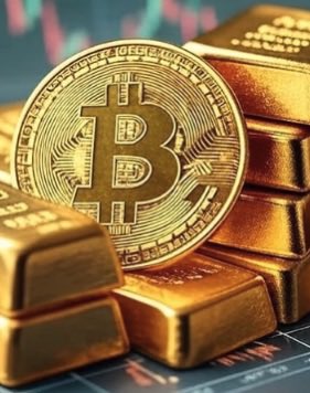A physical gold Bitcoin coin resting on a stack of gold bars, with a financial chart displaying green and red numbers blurred in the background.