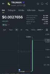 A mobile trading app screen shows TRUMAN token (Giá: $0.0027656) with a sharp price spike on the chart, labeled with "nhận56" watermark.