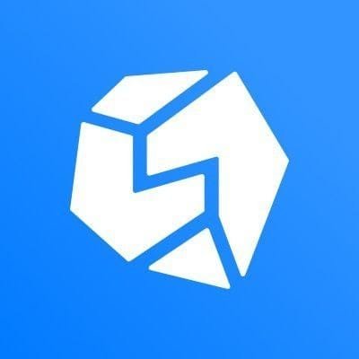 A simple logo featuring a white, geometric, stylized design composed of intersecting polygons against a solid blue background.