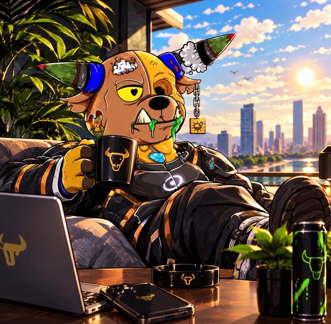 A digital illustration of a stylized dog character with missiles on its head, wearing armor and holding a mug, sitting near a laptop with a city skyline in the background.