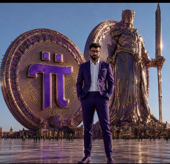 A man in a purple suit and glasses stands confidently before large golden and purple Pi cryptocurrency symbols and a knight statue.