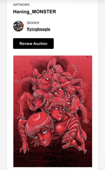 The image shows an auction page for artwork titled "Haning_MONSTER" with a current bid by user "flyingbeagle" and a "Review Auction" button, featuring a striking red-toned illustration of a multi-headed creature with intertwined faces and limbs. The post celebrates this first bid on the artist's "MONSTER" piece at 0.15 ETH from @FlyingBeagle_, which corresponds to the displayed bidder username and auction review button.