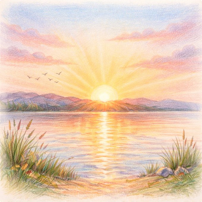 A colored pencil illustration of a serene landscape featuring a bright sun setting or rising over mountains and a reflective lake, with birds flying and grasses in the foreground.