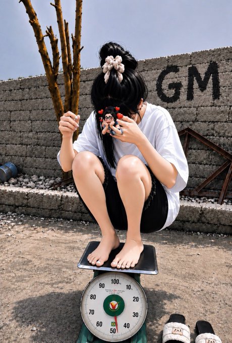 A person squats barefoot on a weighing scale while holding tree branches, with "GM" written on a concrete wall behind them.
