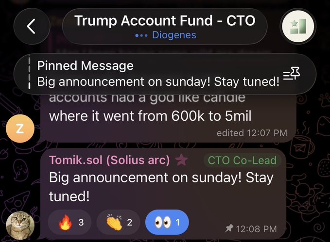 A Telegram chat for 'Trump Account Fund - CTO' with a pinned message reading 'Big announcement on sunday! Stay tuned!' sent by Tomik.sol (Solius arc), CTO Co-Lead.