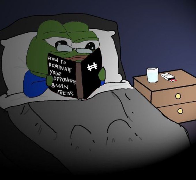 A cartoon Pepe the Frog character lies in bed reading a book titled 'HOW TO DOMINATE YOUR OPPONENTS & WIN FRENS' with crying eyes, next to a nightstand with a glass of water and cigarettes.