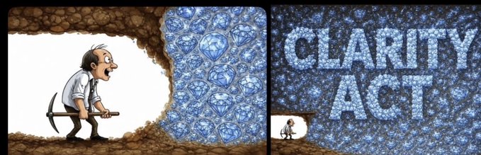The cartoon shows a miner breaking through dirt to reveal a massive wall of sparkling diamonds, with a second panel showing the diamonds spelling out "CLARITY ACT" and the tiny miner standing in awe. The image symbolizes discovering unexpected treasure, relating to the post's optimistic message about a new week bringing blessings, opportunities, and good news "knocking" just like the miner unexpectedly breaking through to find something valuable.