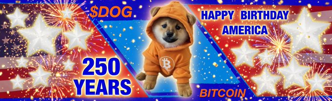 The image features a banner with an orange dog wearing a hoodie, standing next to a fireworks display of stars. Below the dog's head, there are two lines of text that read "Happy Birthday USA" and "250 years BIT coin". The background of the banner is blue and red, which complements the white stars in the image.
