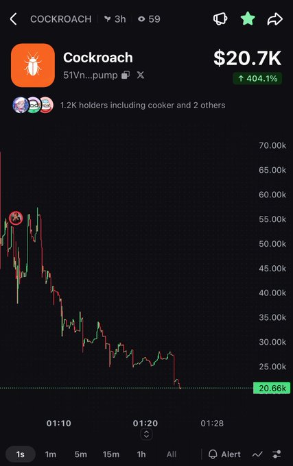 A cryptocurrency trading chart showing a token called "COCKROACH" (51Vn...pump) at $20.7K, up 404.1%, with a sharp downward price trend over a 3-hour period.