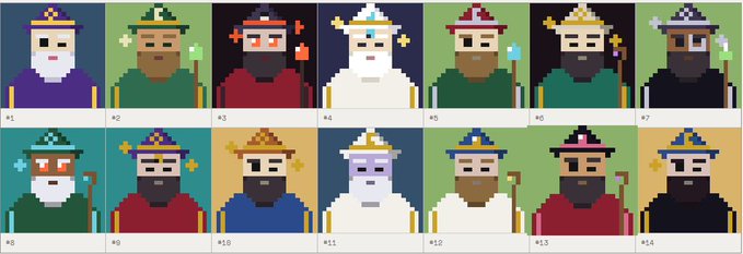 A grid of 14 pixel-art portraits labeled #1 through #14, each depicting a bearded king or wizard character wearing different colored crowns and robes.