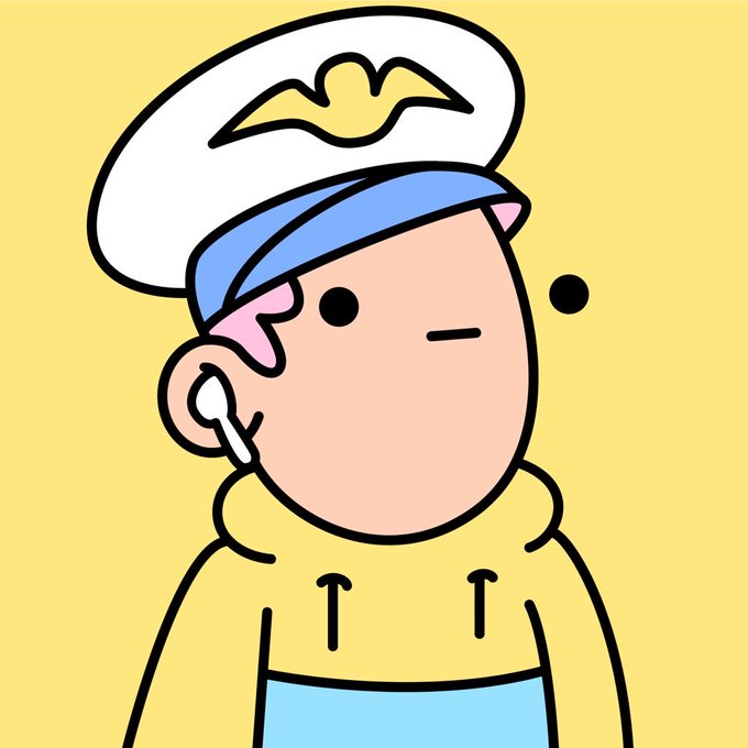 A cartoon illustration of a character wearing a white and blue captain's hat and yellow hoodie, with a white earbud in one ear, set against a yellow background.