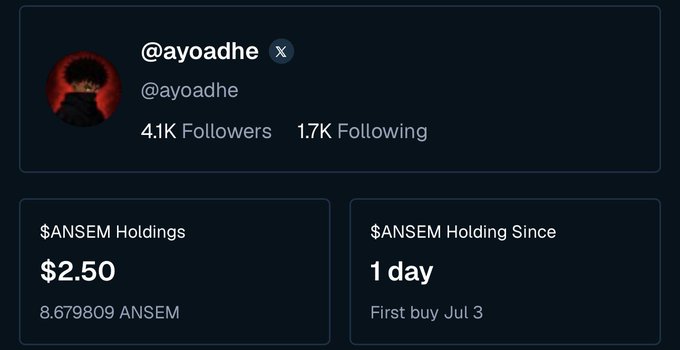 A social media profile for @ayoadhe showing 4.1K Followers and 1.7K Following, with $ANSEM holdings of $2.50 (8.679809 ANSEM) held since 1 day (first buy Jul 3).