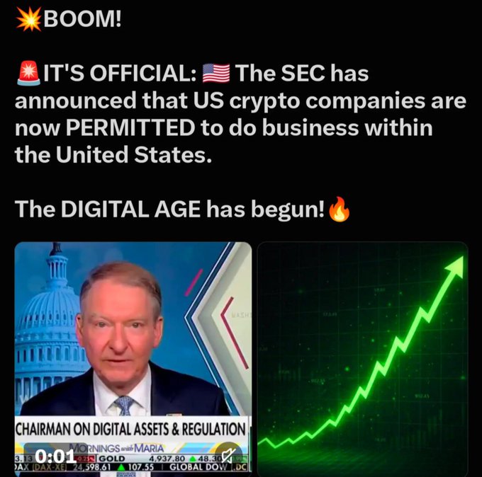 A meme-style graphic titled '💥BOOM!' claims '🚨 IT'S OFFICIAL: 🇺🇸 The SEC has announced that US crypto companies are now PERMITTED to do business within the United States,' showing a news anchor labeled 'CHAIRMAN ON DIGITAL ASSETS & REGULATION' alongside a green upward trending chart.