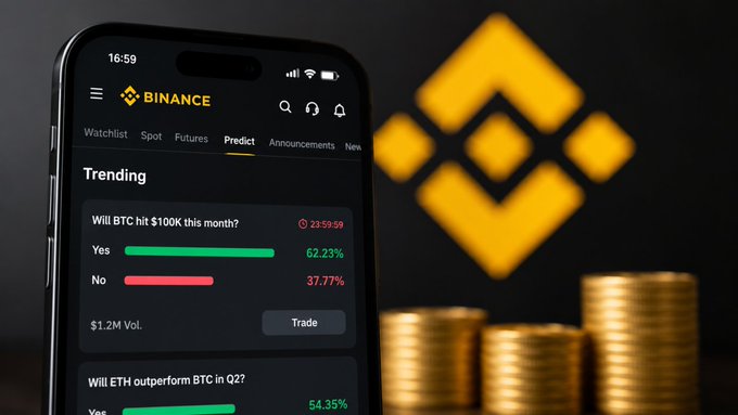 The image features a smartphone displaying a Binance app with a focus on trading and prediction markets. The phone screen shows a list of options for trading, including Bitcoin and Etherium. In front of the phone, there are stacks of gold coins, possibly representing the value of these digital assets or tokens in the market. The background behind the phone is black, which contrasts with the gold coins and makes them stand out more prominently.