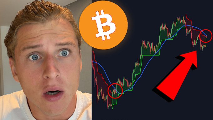 A man with a surprised expression appears on the left side of a YouTube thumbnail featuring a Bitcoin price chart with a large red arrow pointing upward and the orange Bitcoin logo, visually promoting the bold claim that the highlighted Bitcoin signal "has never failed."
