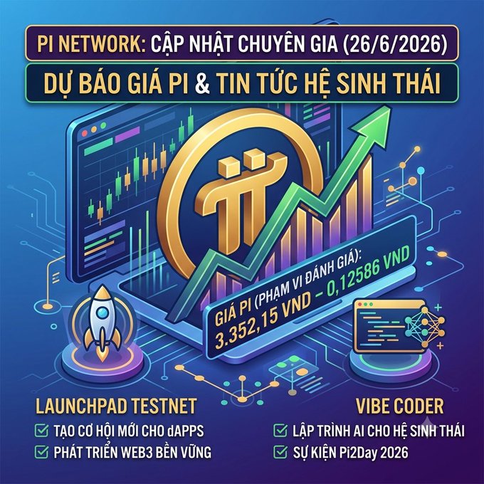 A vibrant digital graphic announcing a Pi Network update dated 26/6/2026, featuring a large Pi coin logo with an upward green arrow, a rocket, and candlestick chart imagery. Text highlights a Pi price range of 3,352.15 VND – 0.12586 VND, alongside key milestones including "Launchpad Testnet" (for dApps and Web3) and "Vibe Coder" (AI programming for the Pi2Day 2026 ecosystem), visually reinforcing the post's themes of growth and ecosystem innovation.