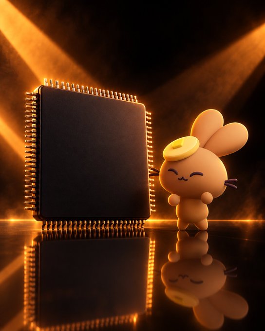 A cute cartoon pancake mascot with bunny ears stands beside a glowing microchip against a dramatic orange-lit backdrop, symbolically tying the PancakeSwap decentralized exchange to a mystery stock challenge on its platform.