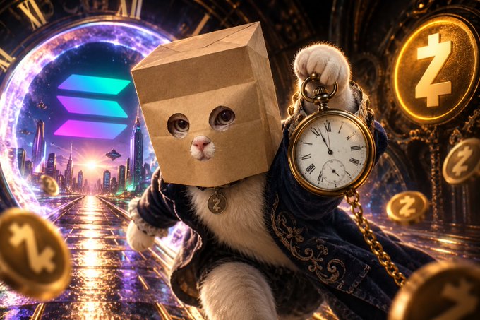 A whimsical white cat wearing a cardboard box on its head and a gold Z medallion holds an ornate pocket watch, set against a backdrop of a futuristic cityscape with a glowing Solana logo and floating Z tokens—perfectly capturing the "it's time" theme for the $ZCAT memecoin launch.